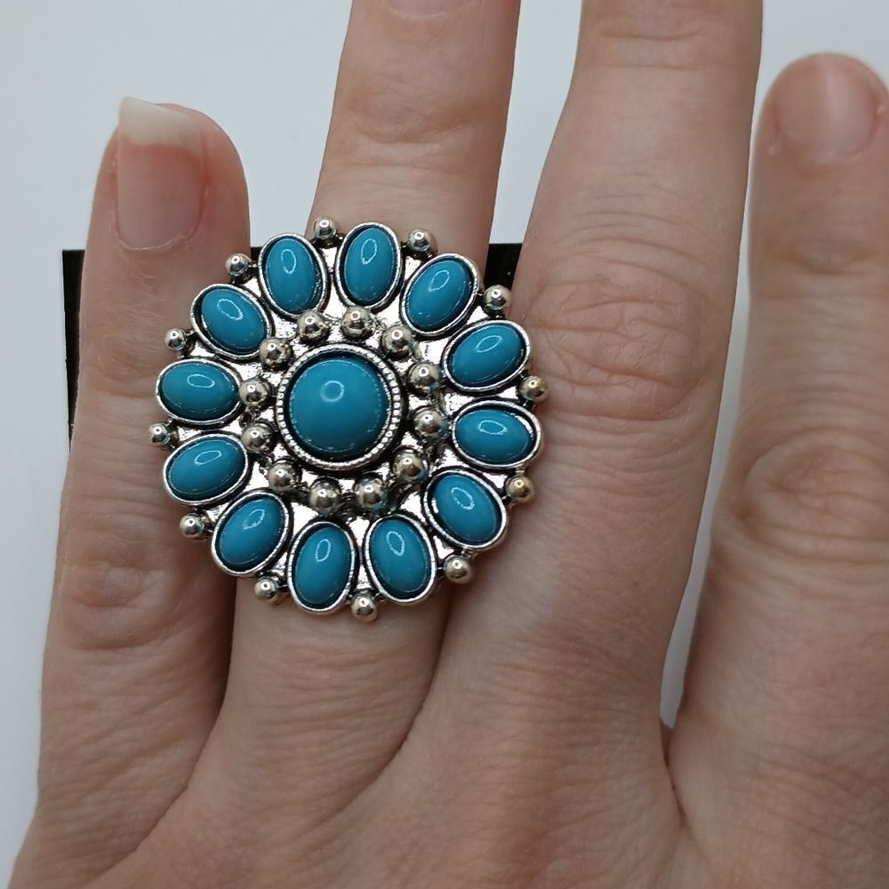 Chunky adjustable ring silver turquoise flower mandala boho statement